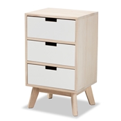 Baxton Studio Halian Mid-Century Modern Two-Tone White and Light Brown Finished Wood 3-Drawer Nightstand Baxton Studio restaurant furniture, hotel furniture, commercial furniture, wholesale bedroom furniture, wholesale night stand, classic night stand